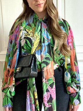Iris Apfel x H&M Blouse Floral Patterned Tie Bow Balloon Sleeve‎ Top NWT M